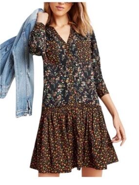 Anthropologie Black Floral V-Neck Tiered Mini Dress